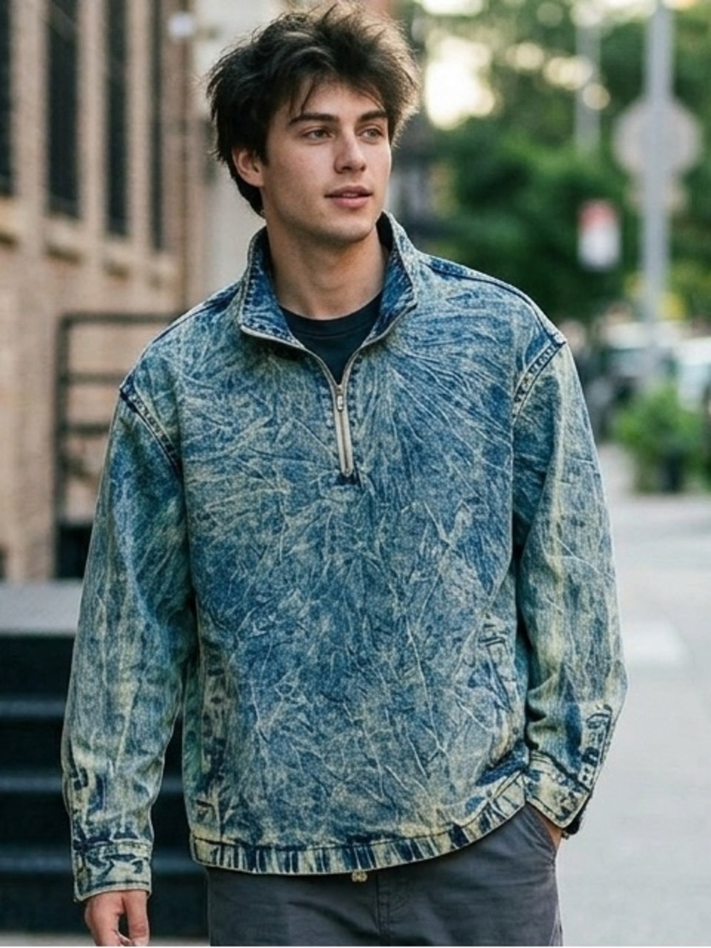 Urban Outfitters Acid Wash Denim Quarter-Zip Pullover Jacket